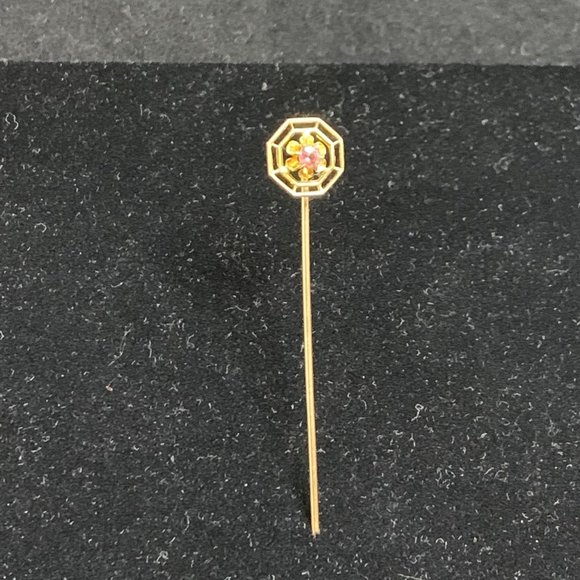 10K Yellow Gold Floral Stick Pin W/Pink Rhinestone - Picture 4 of 9